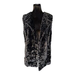 Chico's Womens Faux Fur Black Open Front Lined Vest Ribbed Back Pockets Size 1